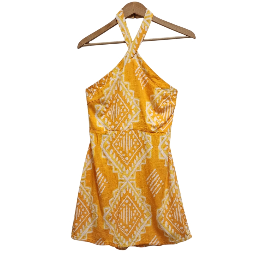 Rewind Halter Dress Womens L Orange Yellow Linen Blend Mini Smocked Beach Boho